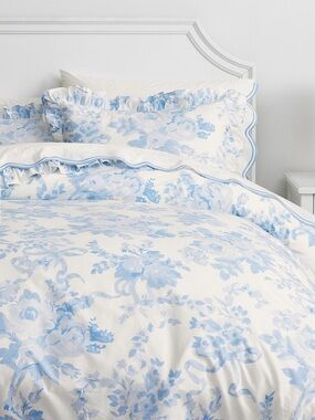 LoveShackFancy Cream and Light Blue Floral Ruffled Comforter